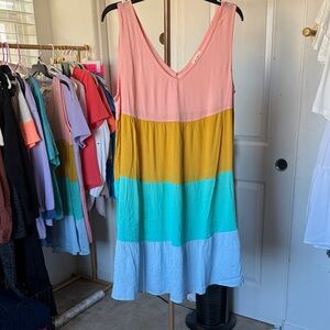 BiBi Pink, Mustard & Aqua Colorblock V-Neck Mini Dress